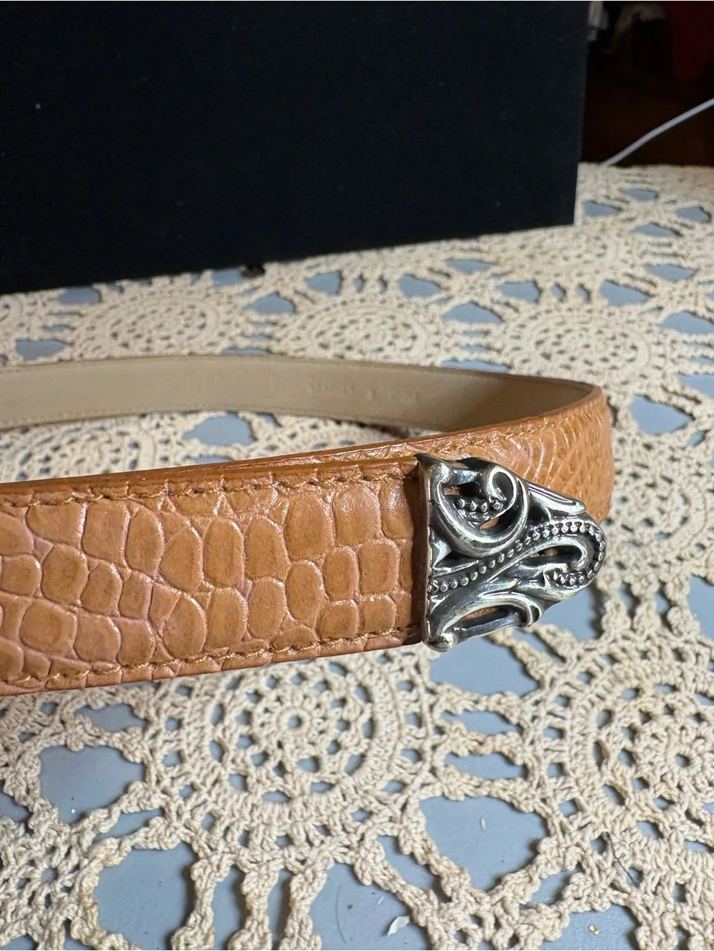 Coldwater Creek Tooled Tan Croc-Embossed Leather Belt with Ornate Silver Buckle